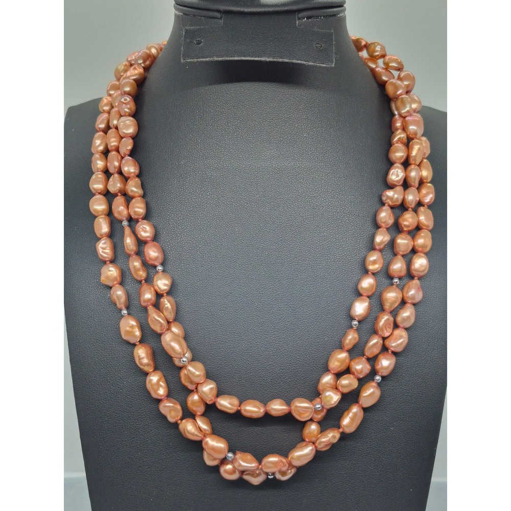 Freshwater Pearl Necklace Mocha Rose 3 Strand Sterling Silver